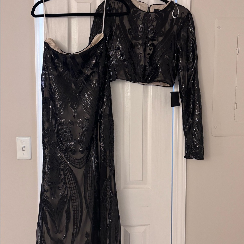 🖤 Lulus Black Sequin Two-Piece Formal Gown | Size L | NWT
